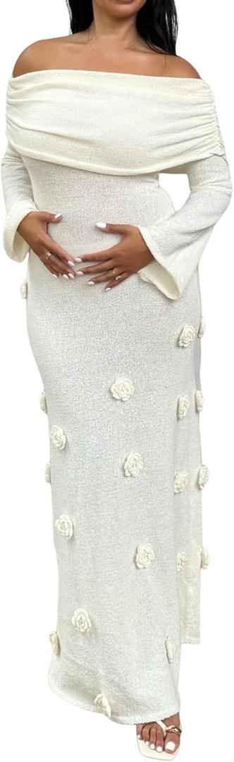 Unybwonn Women Sexy Off Shoulder Crochet Maxi Dress Bodycon Stretchy Mesh Knit Dress Long Sleeve Tube Top Elegant Dresses (White), XL