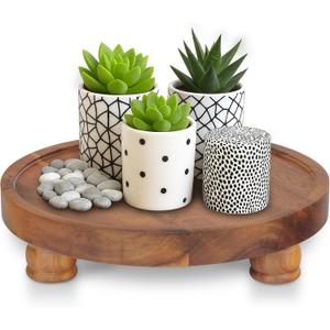 Demigo 10" Acacia Wood Round Tray - Decorative Plant Stand, Farmhouse Countertop Organizer, Multi-Purpose Display Pedestal, Riser Board for Soap, Perfume, Candles, Sponge, Bathroom, Kitchen