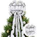 Christmas Tree Topper Bow, 53x13 Inches Xmas Large Toppers Bows, Silver Polyester Snowflake Decorative Bow for Christmas Indoor/Outdoor Decor(Snowflake Pattern Style)