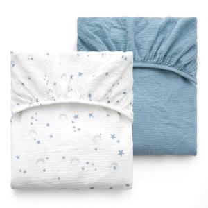 Momcozy Muslin Standard Fitted Crib Sheets, 52"x28", 2 Pack Soft Breathable Natural Cotton Baby Mattress Sheet, 360 Mattress Wrapping No Slip Boys Girls Neutral Toddler Bed Sheet, Blue Star Moon