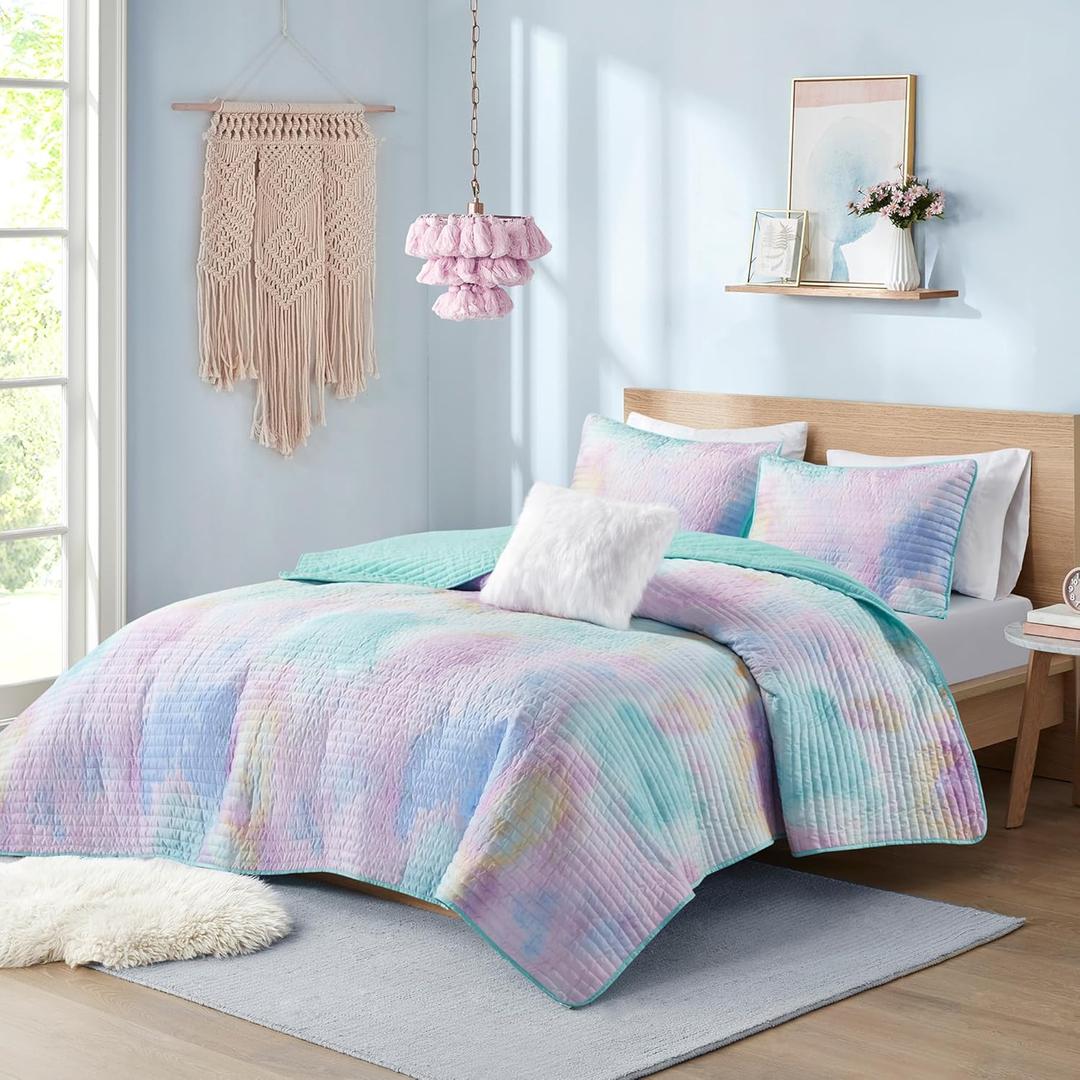 Intelligent Design Twin Quilt Set Boho Quilt Set, Watercolor Tie-Dye Coverlet Set, Casual & Trendy Quilted Lightweight Bedspread, All Season Bed Set, Sham, Cassiopeia, Twin/Twin XL, Pink/Blue 3 Piece (Aqua)