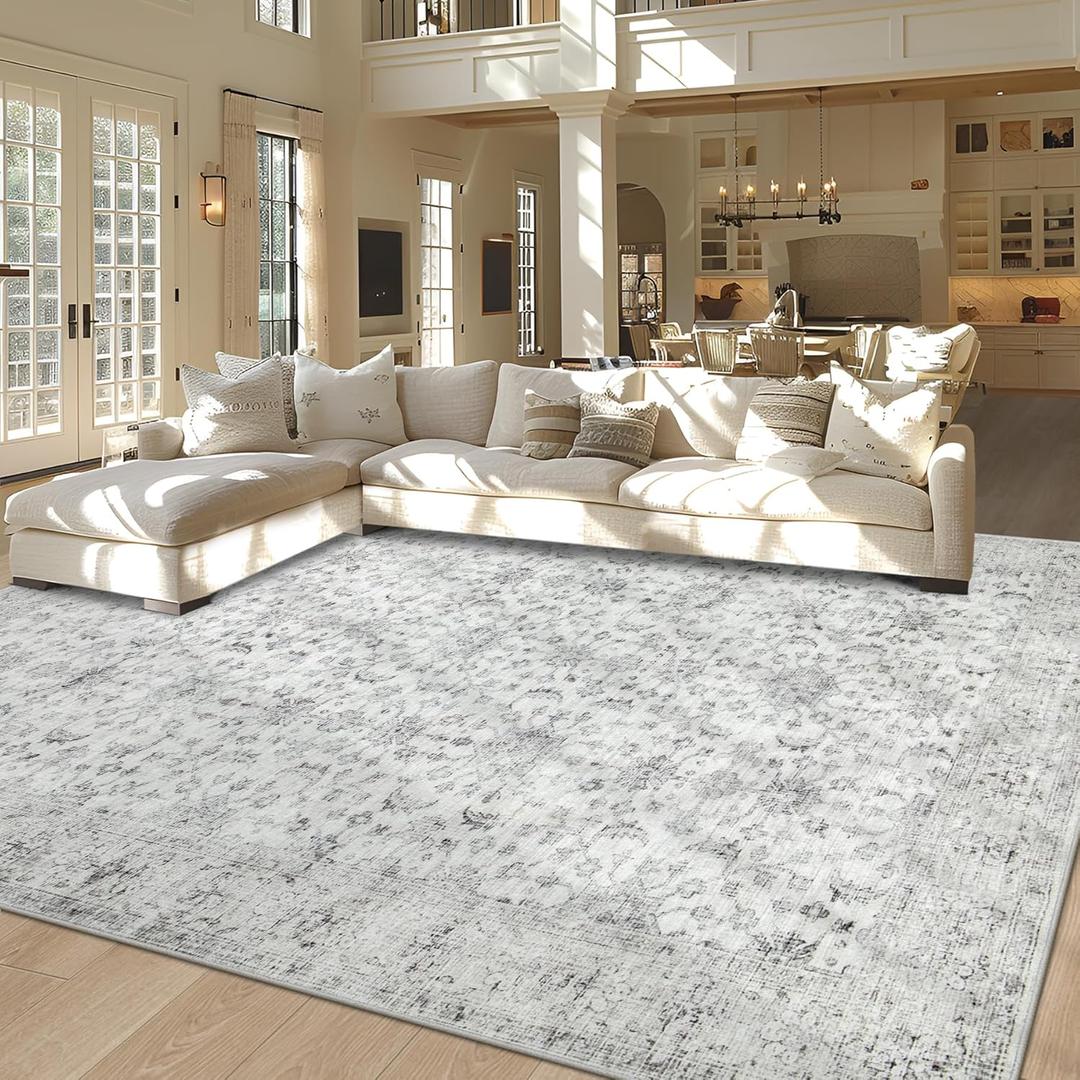 Area Rug 9x12 Living Room Rug, Soft Vintage Washable Rug with Anti-Skid Backing Stain Resistant Thin Indoor Carpet Large Area Rug for Bedroom Under Dining Room Table Nursery-Light Gray (9' x 12')