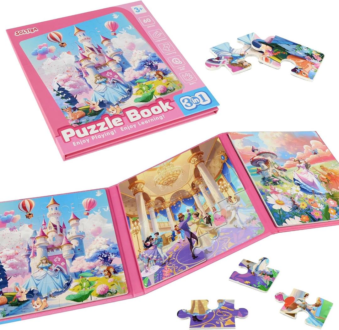 Puzzles for Girls 3-5 Princess Themes(Castle/Ball/Elf, 3 * 20PCS) Puzzle Magnetic Puzzles for Girl 4-6 Travel Activities for Kids, Birthday Presents for Girls 3 4 5 6 Years Old