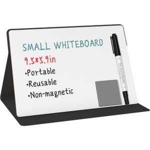 Portable Small White Board,Reusable Dry Erase Board with Stand,Desktop Whiteboard for Office Meeting Bussiness Home 9" x 6" with Marker, Wipe Cloth (Black)