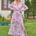 ANRABESS Womens Long Sleeve Floral Maxi Dress Boho Flowy Wrap Slit V Neck Beach Fall Wedding Guest Party Vacation Dresses Floral Purple X-Large