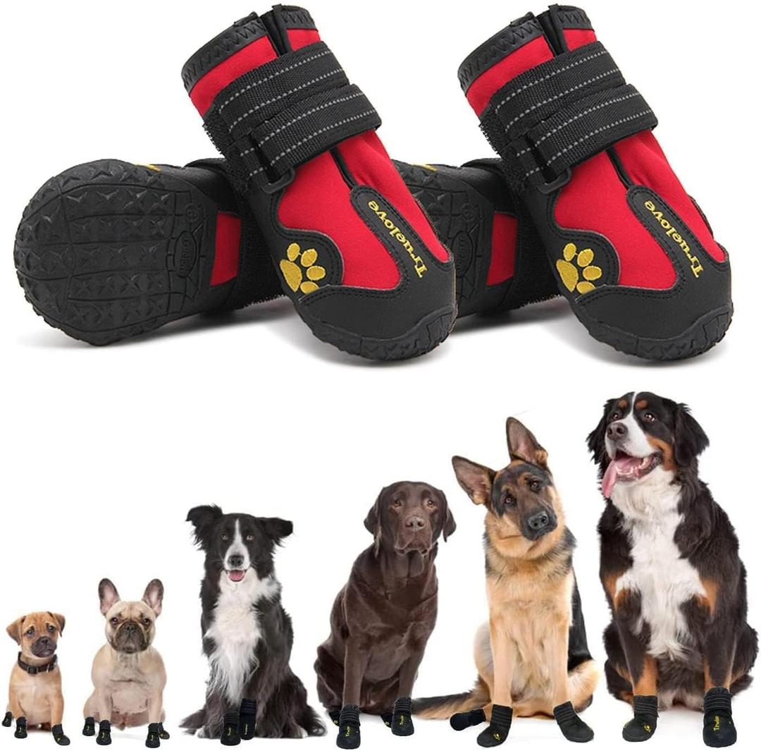 Expawlorer Anti-Slip Dog Shoes - Large Dog Booties for Winter & Snow, Waterproof Rain Boots with Reflective Strap (Size 8: 3.19"x3.03" (L*W) (Pack of 4)) Red