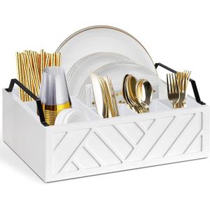 Ukonvi Paper Plate Dispenser and Holder for Kitchen Counter, Wood Rustic Silverware Utensil Caddy, Cutlery Flatware Organizer Box for Cups Spoons Forks Napkins, Kitchen Accessories, White-handle