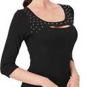 AmlieBoutik Women Cutout Front Top 3/4 Sleeve Studded Scoop Neck Slim Fit T-Shirts (Large, Black)
