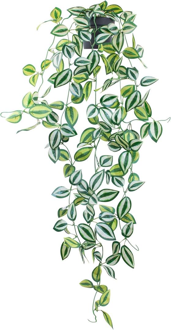 LOYWREE Artificial Plants Indoor Small Fake Hanging Plant with Pot 39-in Long Faux Potted Vine Green Eyebrow Leaf for Shelf Home Office and Outdoor Garden Decor(Black Pot) (1Pack)