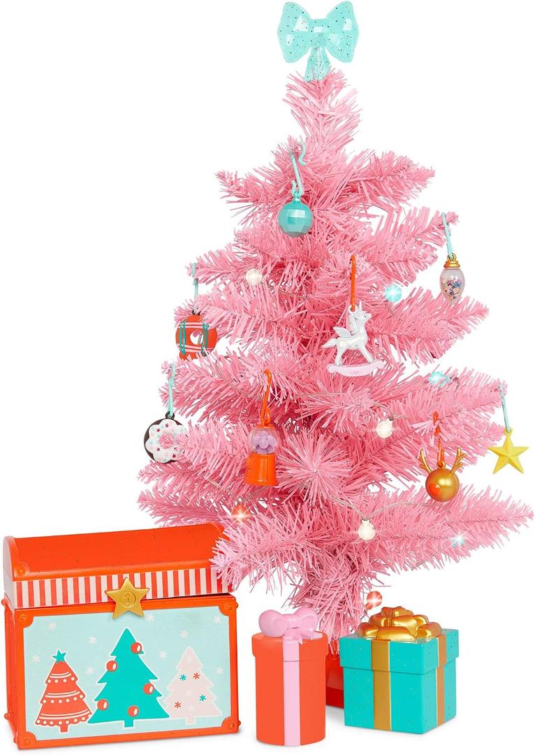 Glitter Girls 14-Inch Doll Accessories Winter Tree Playset 27 Pieces Deluxe Decorating Set Working String Lights & Gift Boxes 9 Cute Ornaments & Storage Chest 3+ Years Holiday Tree Set, Small