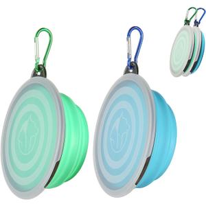 SLSON Collapsible Bowl with Cover Lids,2 Pack Dog Travel Bowls Portable Foldable Cat Water Dish Bowl for Pets Walking Parking Camping (Light Blue and Green, Small)