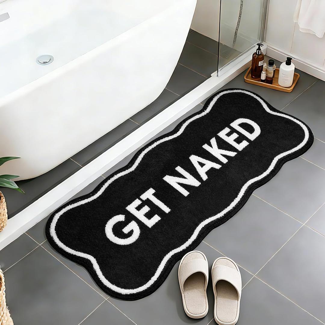 BSSN Get Naked Bath Mat Cute Bathroom Rugs 18" x 47" Non Slip Absorbent, Black Scalloped Long Bath Rug for Bathroom Floor and Shower Tub Funny Decor for Apartment, Machine Washable