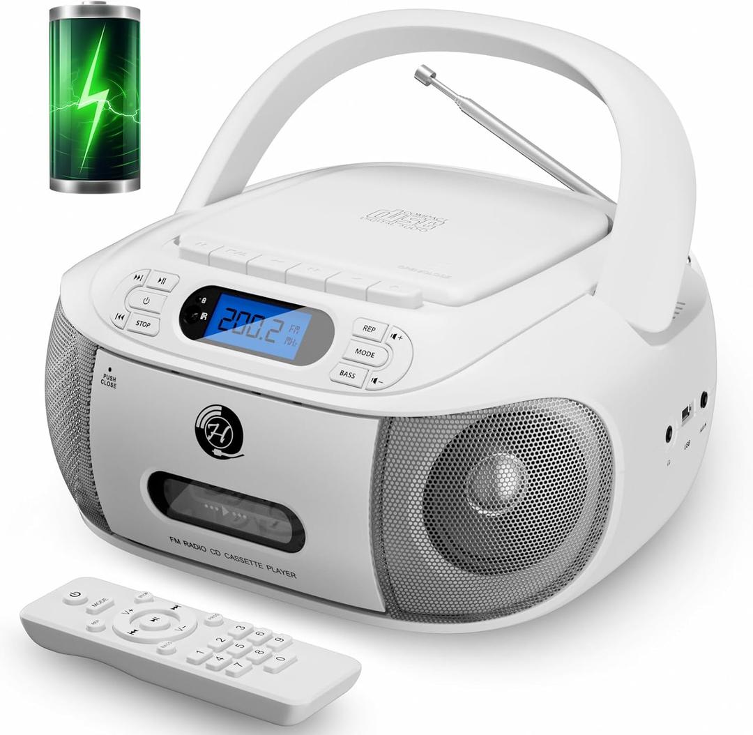 CD Cassette Player Combo, Hernpark Rechargeable Boombox with Bluetooth 5.1, CD Player with Remote Control, Tape Recording, FM Radio, Super Bass, Stereo Sound, Aux/USB Drive, Headphones Jack -White