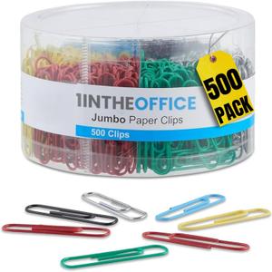 1InTheOffice Jumbo Paper Clip, Vinyl Coated Smooth Large Paper Clips "500 Pieces" (Assorted Brights)