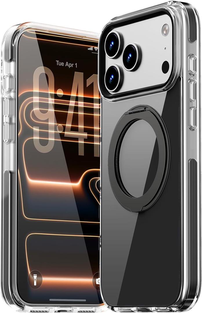 Magnetic for iPhone 17 Pro Case 360° Spin Stand Black | Compatible with MagSafe, Military-Grade Protection,Non-Yellowing, Clear Scratch-Resistant Back Cover for 17 Pro 6.3