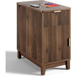 Yoobure End Table with Charging Station - Narrow Side Table for Living Room, Fluted Night Stand with Drawer and Storage Cabinet, Wood Nightstand with Adjustable Shelf for Bedroom Small Spaces, Walnut