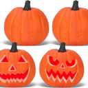 Lanpn 8 Inch Halloween Carvable Pumpkin 4 Pcs, Large Light up LED Artificial Foam Carved Pumpkins Jack O Lantern with Emoji Templates Paints for Fall Autumn Thanksgiving Harvest Indoor Decor