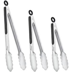 HOTEC Stainless Steel Kitchen Tongs Set of 3-7", 9" and 12", Locking Metal Food Tongs Non-Slip Grip