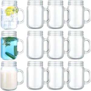 12 Pcs 12 oz Mason Jar Drinking Glasses No Lids Mason Jar Mugs with Handles Drinking Jars Glass Cups for Kitchen Bar Beer Coffee Cold Beverages Cocktails Juice Smoothie DIY