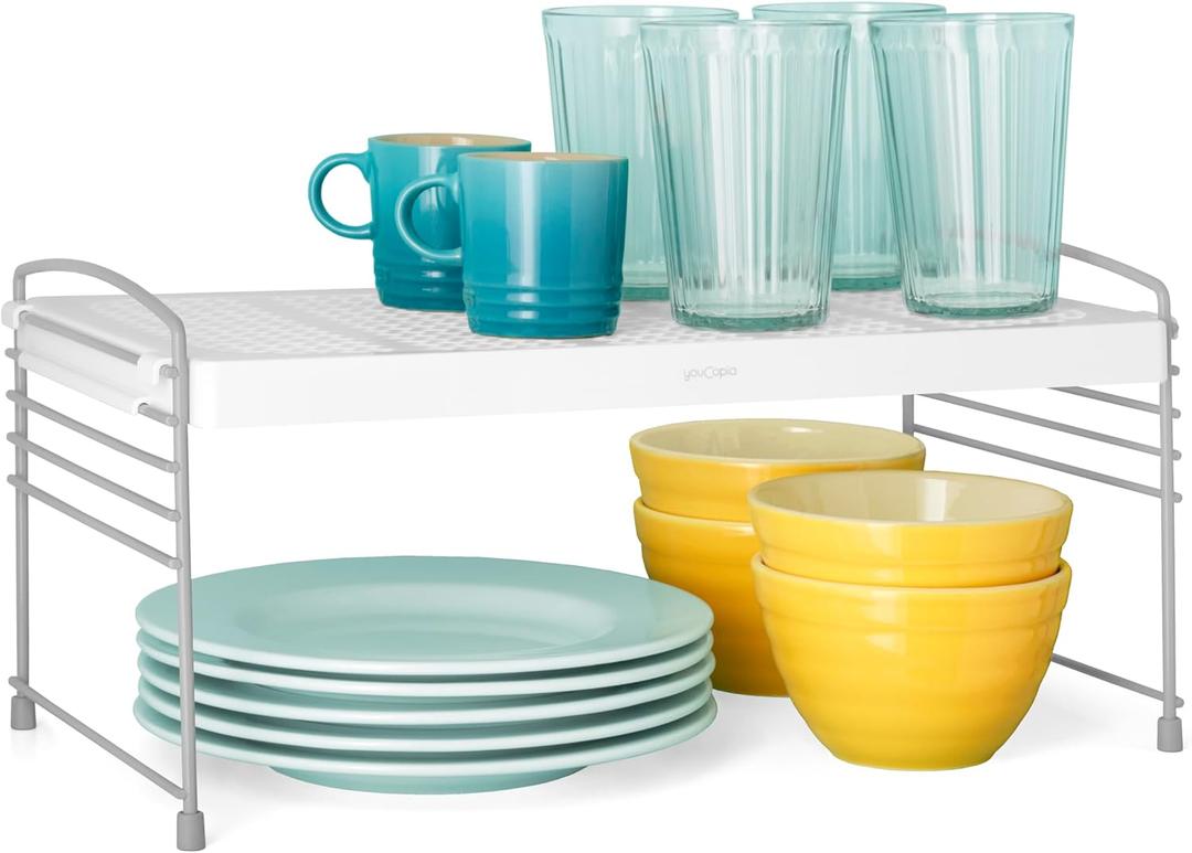 YouCopia Adjustable-Height UpSpace Shelf, Shelf Riser for Vertical Kitchen Cabinet and Pantry Organization, White 