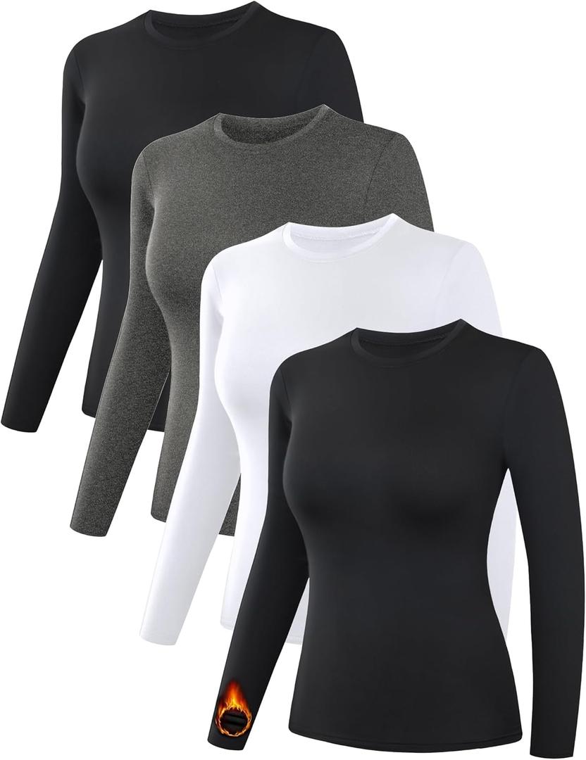 Dalavch 4 Pack Womens Thermal Shirts, Women Fleece Lined Compression Long Sleeve Base Layer Tops for Winter Cold Weather (X-Large, 2 Black 1 Heather Gray 1 White)