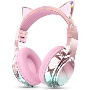 QearFun Kids Cat Ear Bluetooth Headphones, 60H Playtime, 74/85/94dB Safe Volume Limit, Metallic Gradient Wireless Headset with Mic, Fast Charging, Foldable, Wired Mode for Girls School/Tablet/Travel
