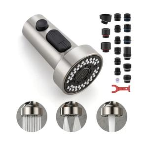 Pull Down Spray Head Replacement - for Kitchen Faucet Sprayer Head with 15 Adapters, 3 Function Pull Out Faucet Spray Nozzle, Brushed Nickel
