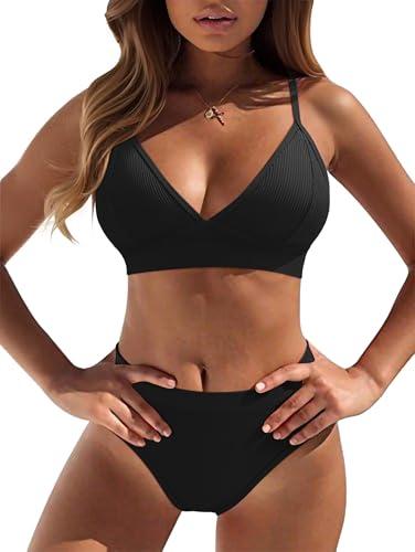 OQQ 2 Piece Bikini Set V Neck Popular Swimsuit High Waisted 2026 Summer Beach Swim Bathing Suits Black, Medium