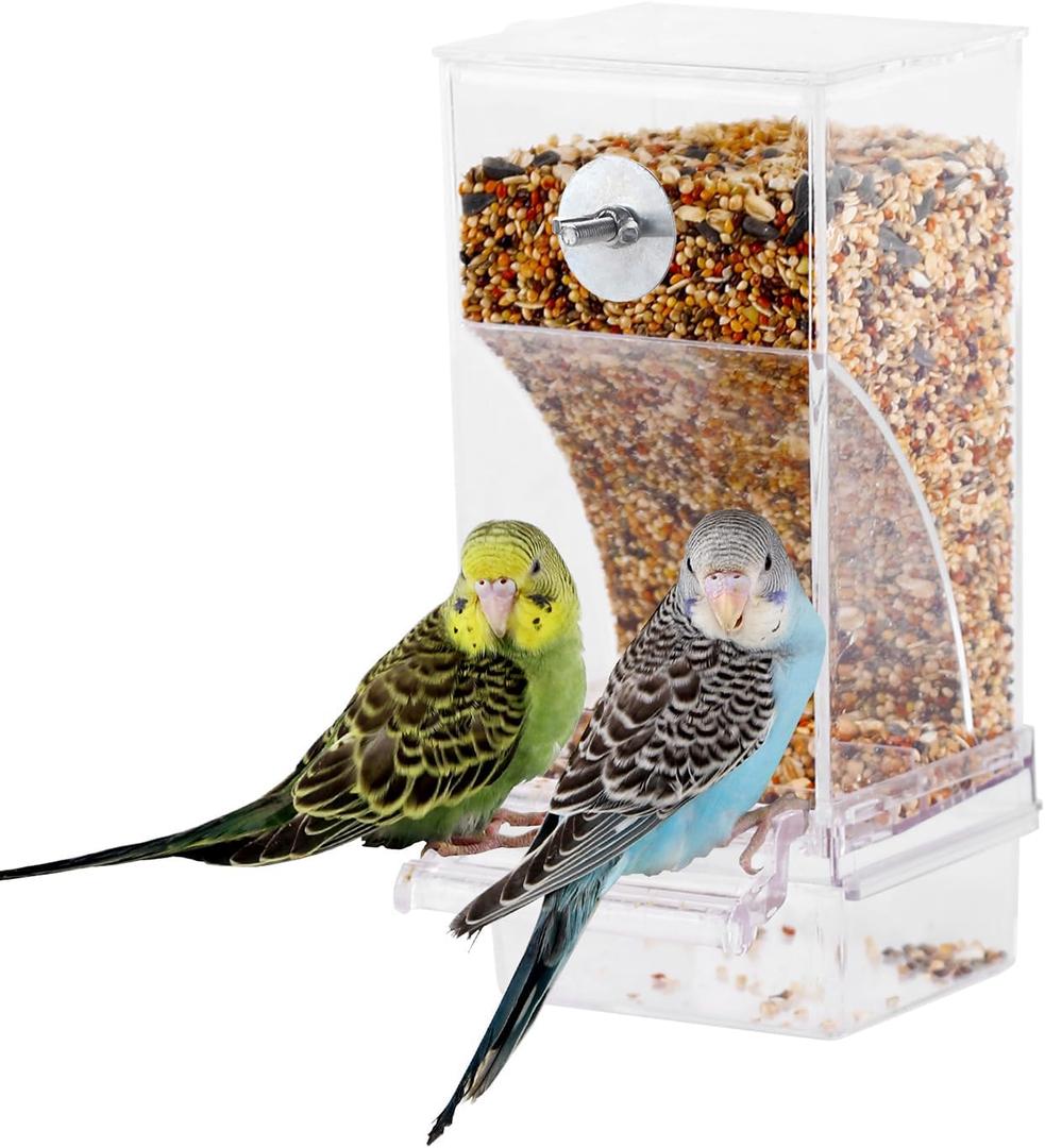 IBWell No Mess Automatic Bird Feeder for Cage - Parrot Feeder Inside Cage With Clear Perch and Acrylic Seed Food Container