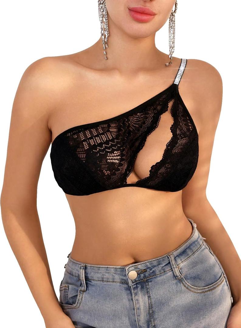 OYOANGLE Women's Rhinestone One Shoulder Bralette Floral Lace Cut Out Wireless Medium Support Unlined Bras (Large, Black)