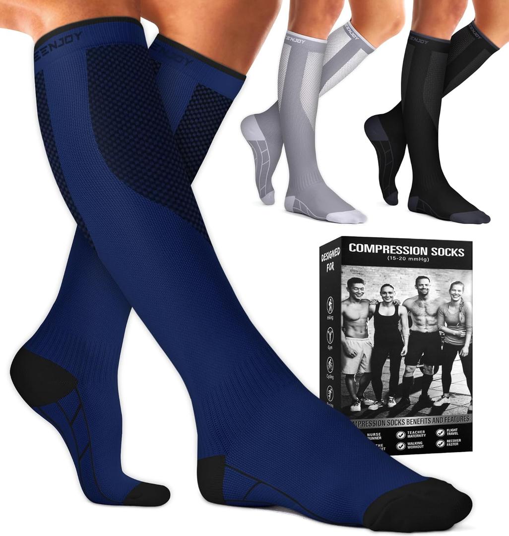 Compression Socks for Women & Men (3 pairs) - Best Support for Nurses, Running, Hiking, Recovery & Flight Socks (Large-X-Large, 03 Black/Gray/Navy)