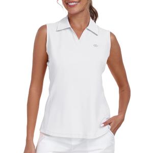 MoFiz Women's Sleeveless Golf Polo Shirts Tennis V Neck UPF 50+ Quick Dry Lightweight Athletic Collared Tank Tops (White, S)