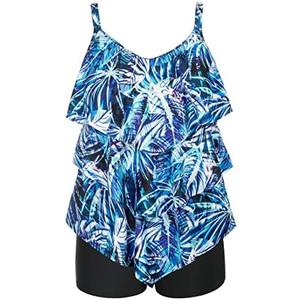 Hanna Nikole Womens Plus Size Two Piece Tankini Swimsuits 3-Tiered Ruffle Flounce Top with High Waisted Bottom (Blue Leopard) 22W