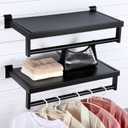 RattanView 2 Pcs Black Slatwall Shelf Clothes Rack with Top Shelf with Metal Rectangular Tubing U Shaped Handrail Hanger Slatwall Shelving Organizer Accessories for Home Room Garage Retail Display, Hanging rack: 23.6 x 11.8 inch