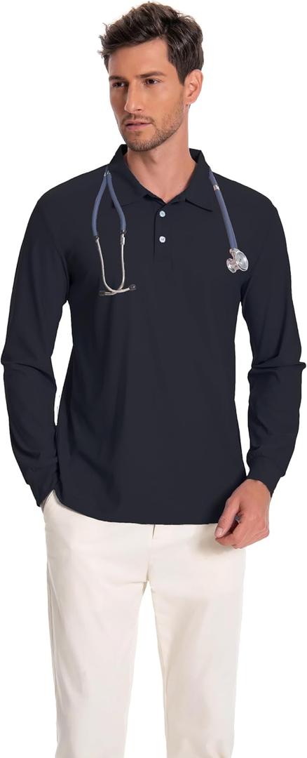 Scrub Shirt for Men Lab Medical Polo Nurse Doctor Stand Up Collared Long Sleeve Medicine Work Top (Black, XXL)