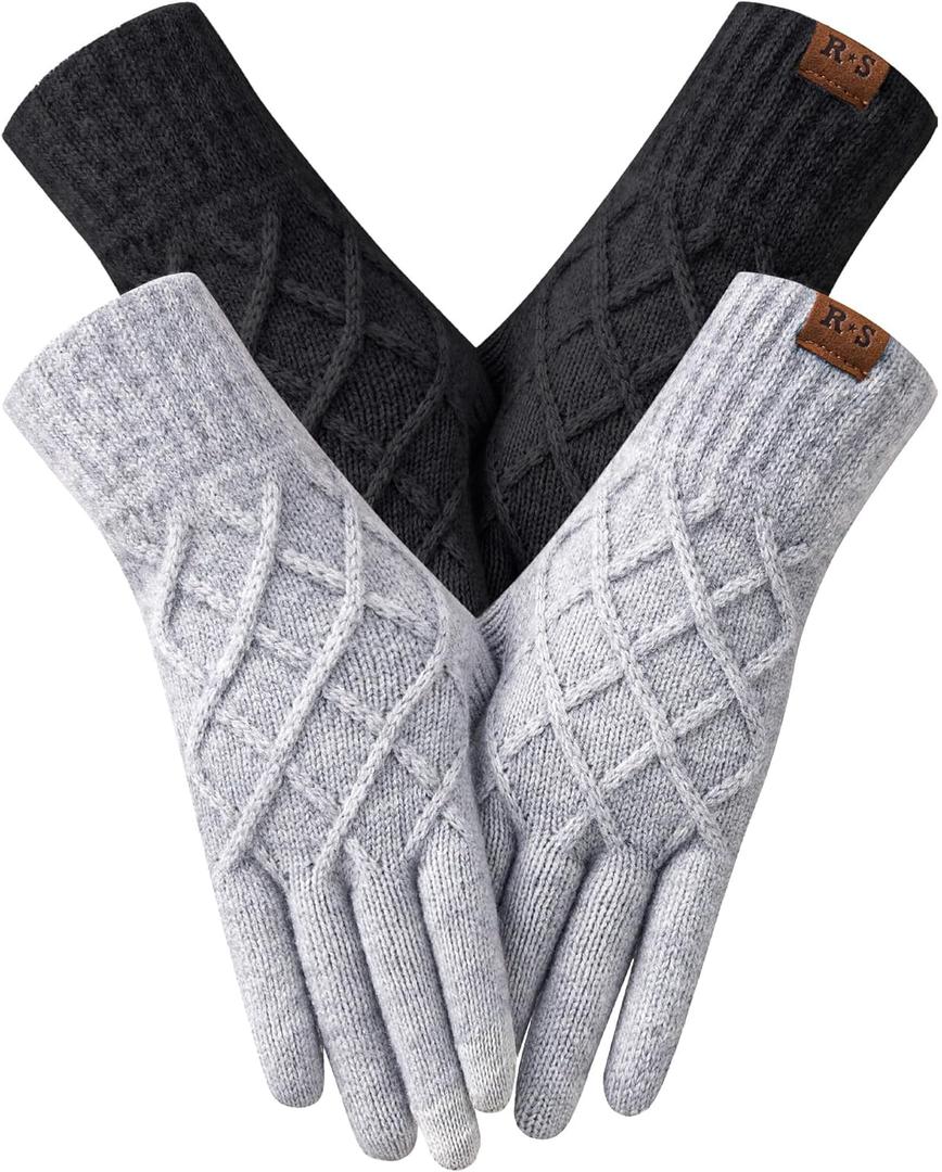 REACH STAR 2 Pairs Winter gloves for women Touch screen Elastic Thermal knit Lining Warm Gloves for Cold weather (Black+light Gray)