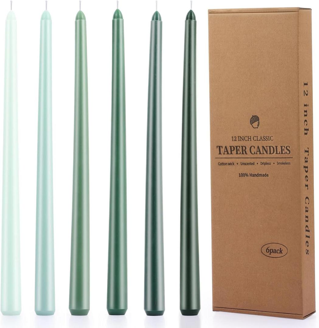 12 Inch Taper Candles Set of 6 Unscented Long Burning Smokeless Long Tall Tapered Candles for Candlesticks Sticks Wedding Home Christmas Decor Dinner (Gradient Green/Evergreen Hope)
