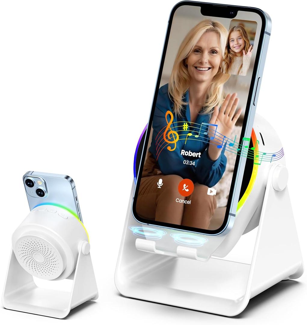 Wireless Induction Audio Bluetooth Speaker, 4 in 1 Phone Stand Speakers Amplifier with Colorful Ambient Light,360 Adjustable Holder for Tablet iPhone Android, Gifts for Men Women Teens-White