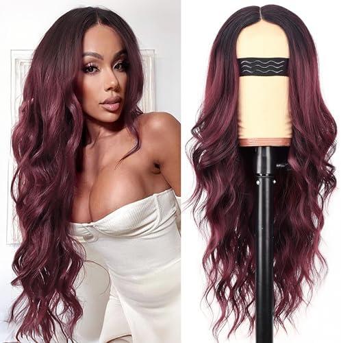 AISI HAIR Wig for Women, Long Red Wavy Lace Hairline Middle Part Synthetic Heat Resistant Wig for Daily Party-26 Inch