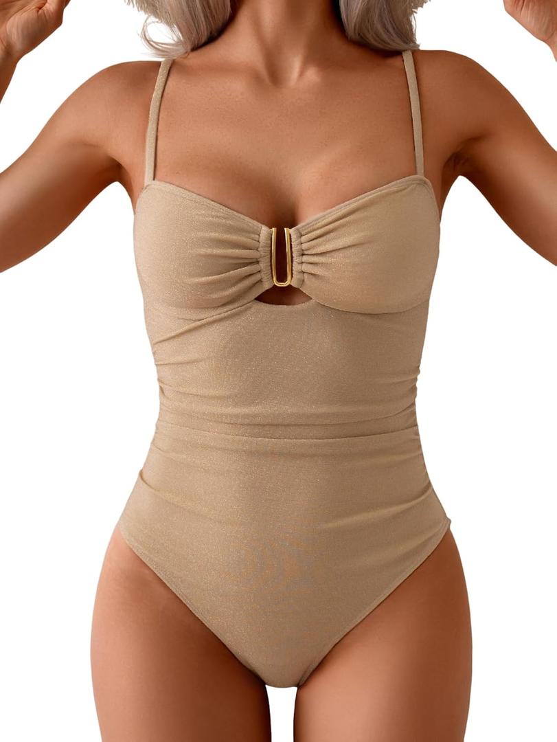 Eomenie One Piece Swimsuit for Women Tummy Control Ruched Bathing Suit Cutout U Wire Swim Suits (Small)