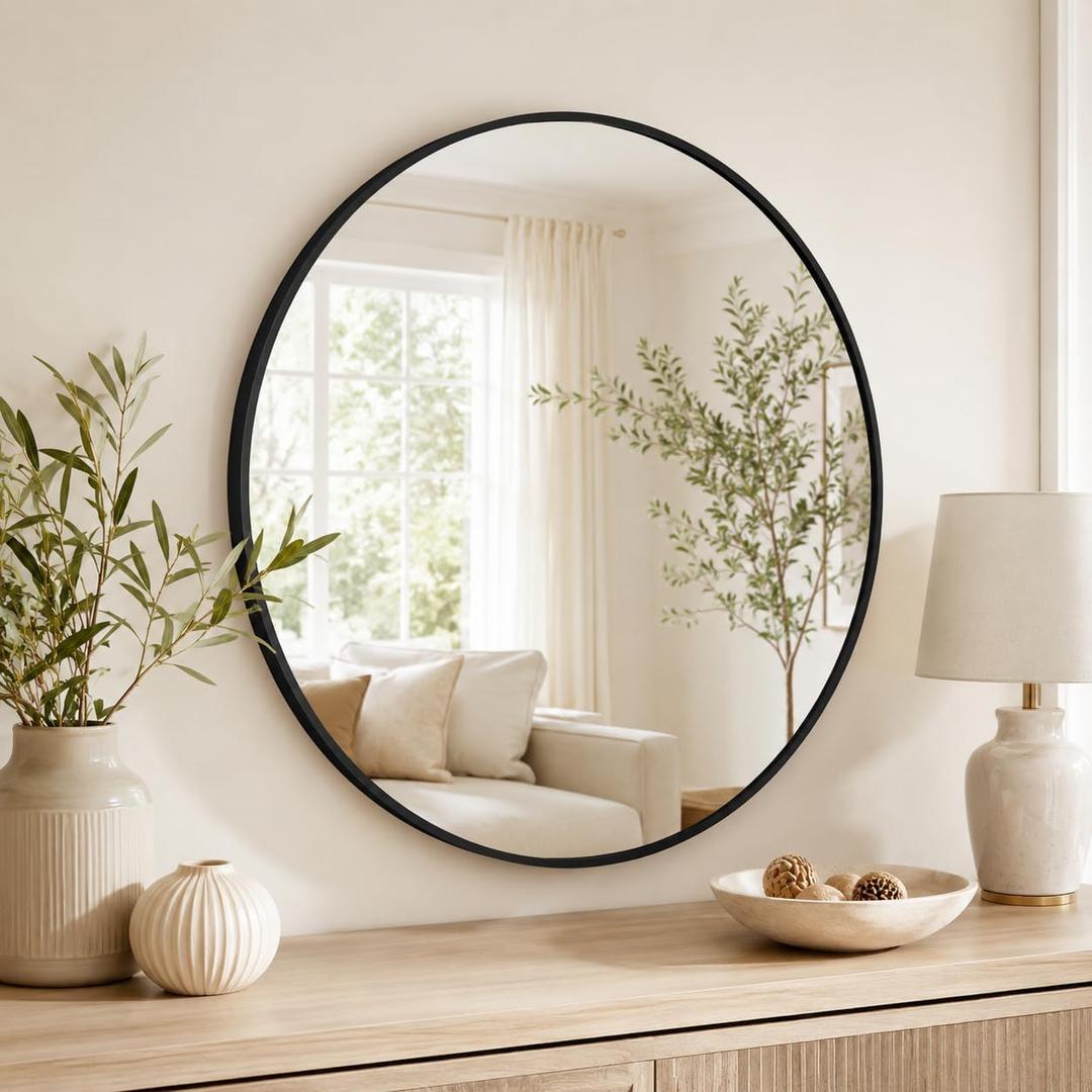 24 Inch Round Bathroom Mirror, Black Aluminum Frame Mirror | Rust Resistant Aluminum Frame / Modern Round Mirror Design / Easy Wall Mount Installation