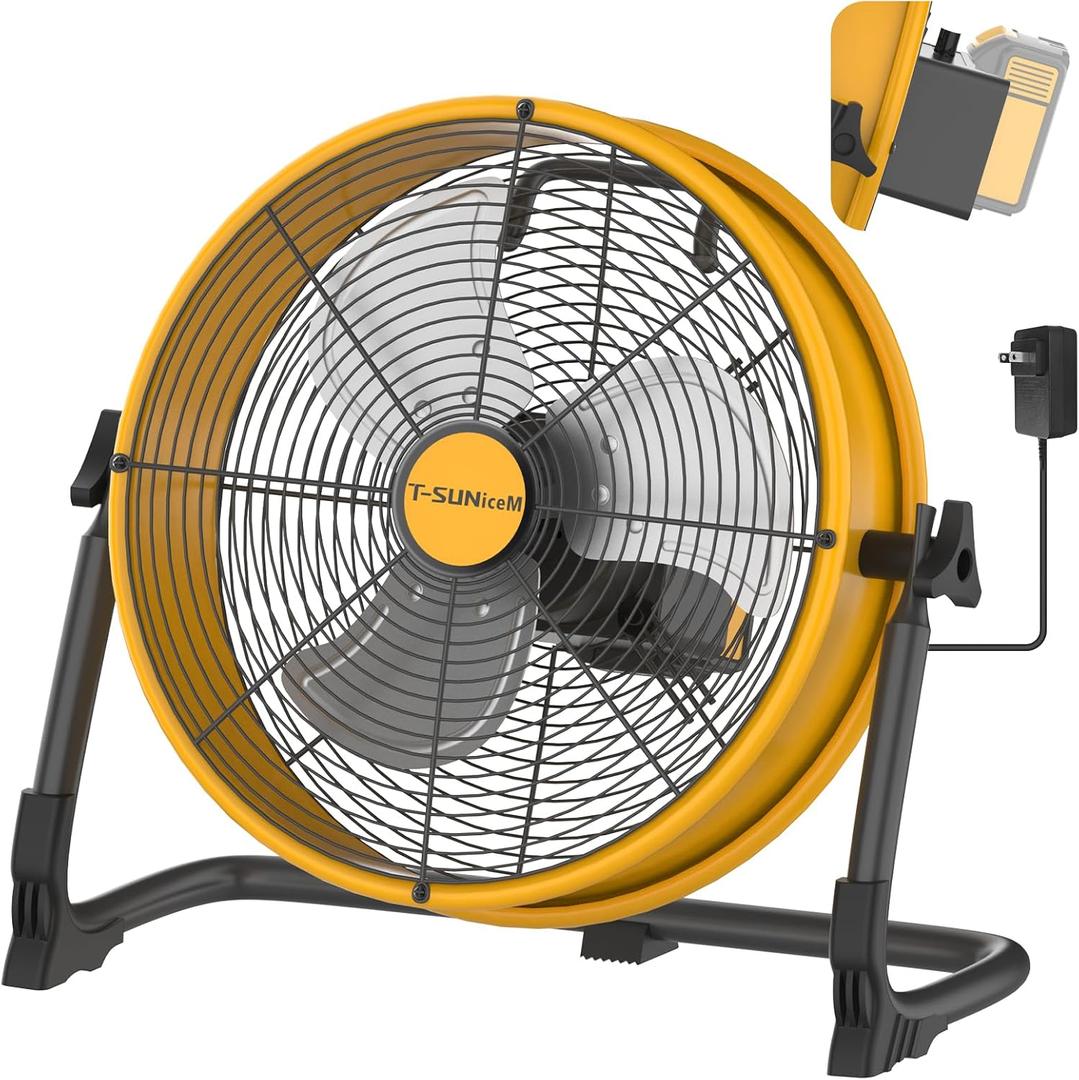 12" Battery Operated Floor Fan for Dewalt 20V Max Battery, Portable Fan with AC Adapter and USB Output, Metal Industrial High Velocity, Stepless Speed Cordless Fan for Jobsite Garage Camping Emergency