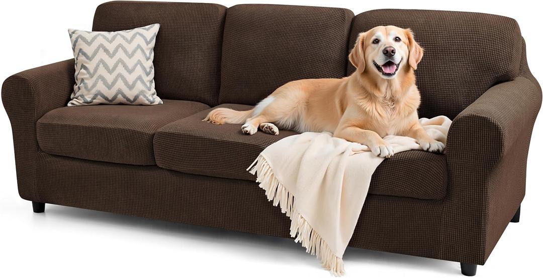 SUBRTEX 7 Pieces Stretch Sofa Slipcover,Couch Cover for 3 Cushion Washable Sofa Cover with Individual Backrest Cushion Covers for Living Room(Large,Chocolate)