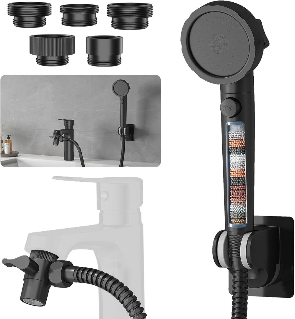 Sink Hose Sprayer Attachment for Faucet, 3 Mode Shower Head Attaches to Tub Faucet with 5 Adapters, High Pressure Shower Head for Bathtub, Handheld Showerhead with Filter (Black)