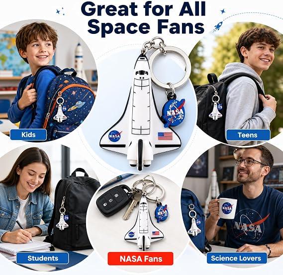 2 Piece 
NASA Space Shuttle Keychains, 3D Soft PVC Backpack Charms, Shuttle Zipper Pulls, Space Party, Science Gifts for Kids, Teens, Students, Space Lovers, funny text on shuttle Blind Random Picks