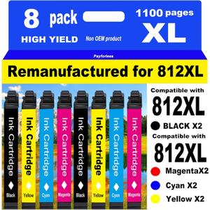 PayForLess for 812XL Remanufactured for Epson 812XL Ink cartridges Combo Pack 812 XL for Workforce Pro WF-7840 WF-7820 WF-7310 EC-C7000 Printer 2 Black 2 Cyan 2 Magenta 2 Yellow 8 Pack