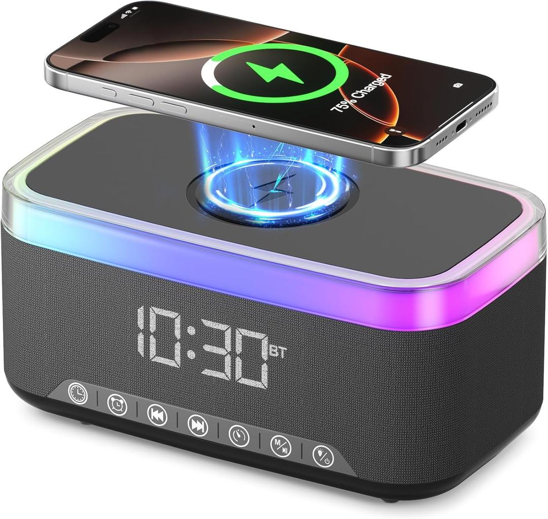 S300 Portable Bluetooth Speaker with 15W Fast Wireless Charging, 13-Color Dimmable Night Light, White Noise, Alarm, FM Radio, 10W Stereo, BT5.3, TWS, for Home, Office, Bedroom (Black)