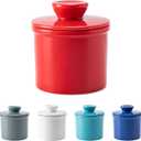Butter Crock with Water Line for Countertop, French Butter Dish with Lid, Ceramic Butter Keeper for Fresh Spreadable Butter, Butter Container Holder for Kitchen and Home Decor, Red