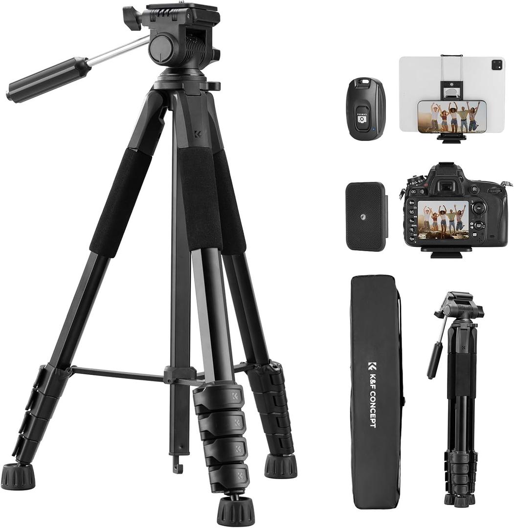 K&F CONCEPT Camera Tripod, 75" Lightweight Portable Travel Outdoor DSLR Tripods for Camera Phone Video Recording Tripod Stand, Cellphone Clip for Smartphone Live Streaming Vlog, Black