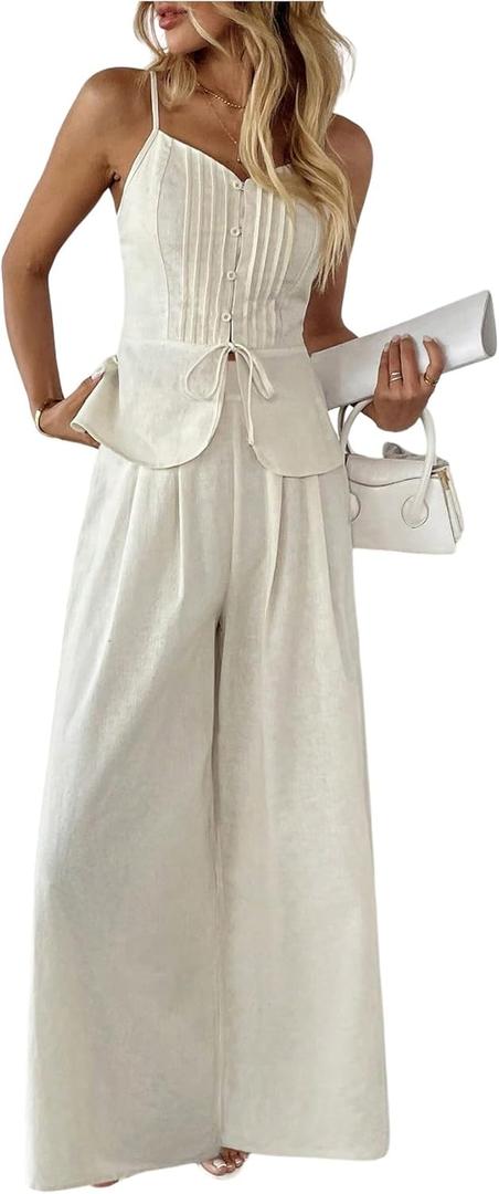 SOLY HUX Women's 2 Piece Summer Outfit Button Down Peplum Cami Top and Wide Leg Pants Set (Beige, L)